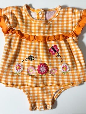 Mon Petit Orange Gingham Embroidered
Floral Baby Bodysuit Romper Ruffles Summer